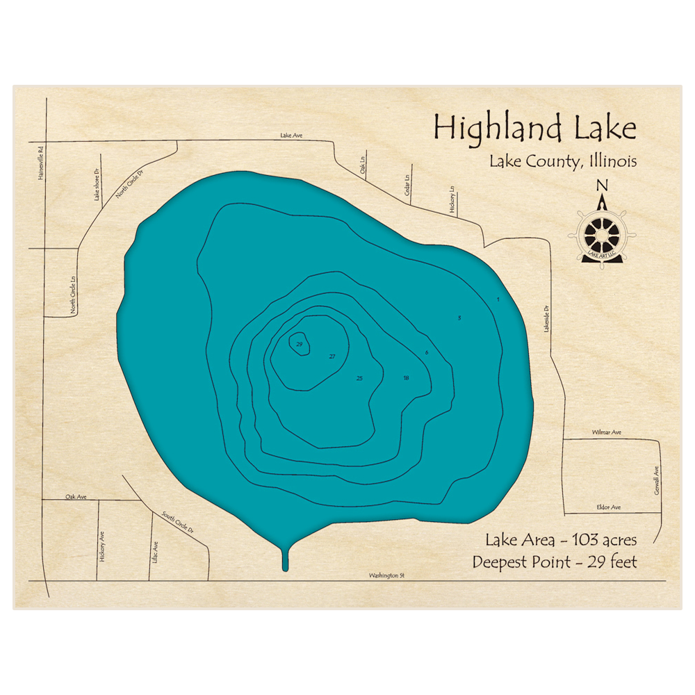 Bathymetric topo map of Highland Lake with roads, towns and depths noted in blue water