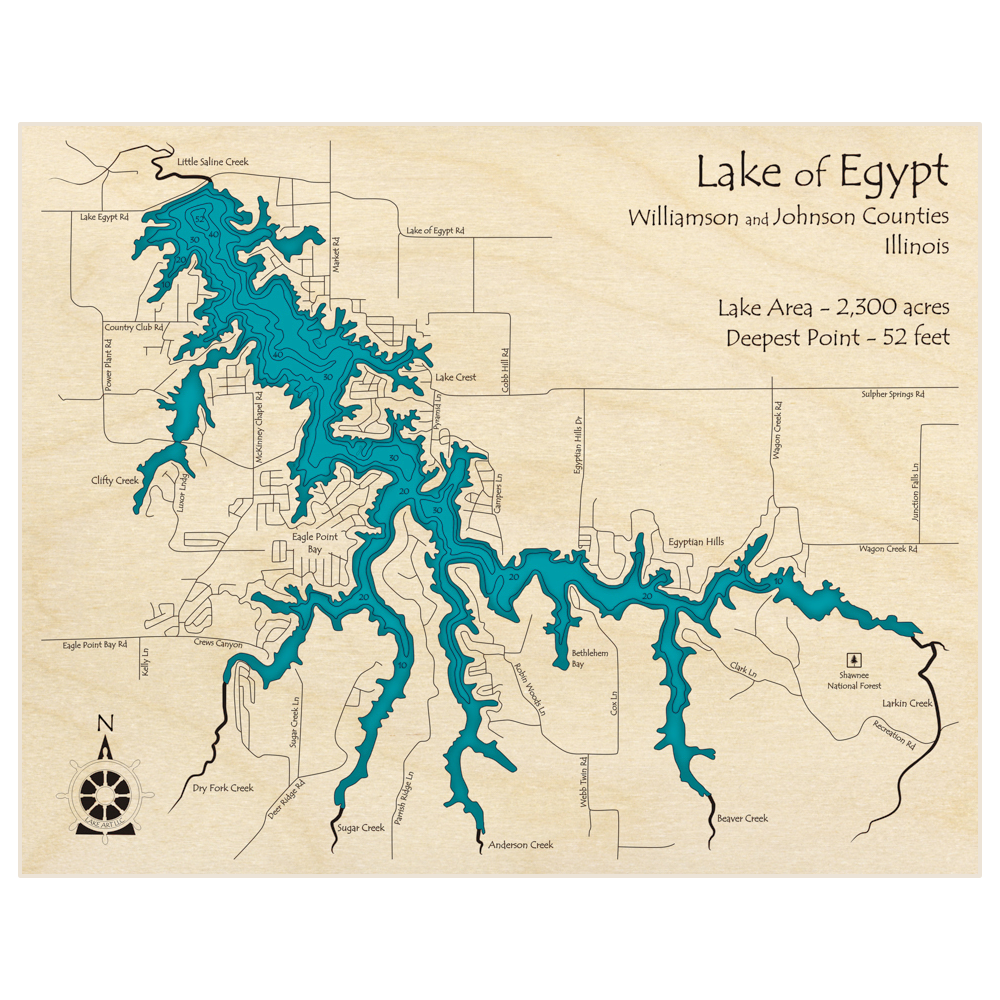 Bathymetric topo map of Lake of Egypt with roads, towns and depths noted in blue water