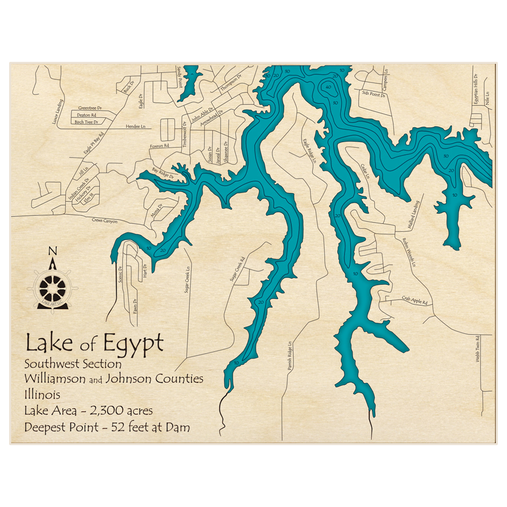 Bathymetric topo map of Lake of Egypt (Southwestern Section) with roads, towns and depths noted in blue water