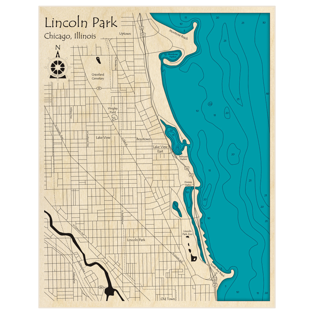 Bathymetric topo map of Lincoln Park on Lake Michigan with roads, towns and depths noted in blue water