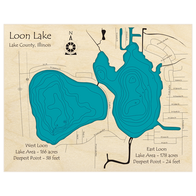 Bathymetric topo map of Loon Lake (east and west) with roads, towns and depths noted in blue water