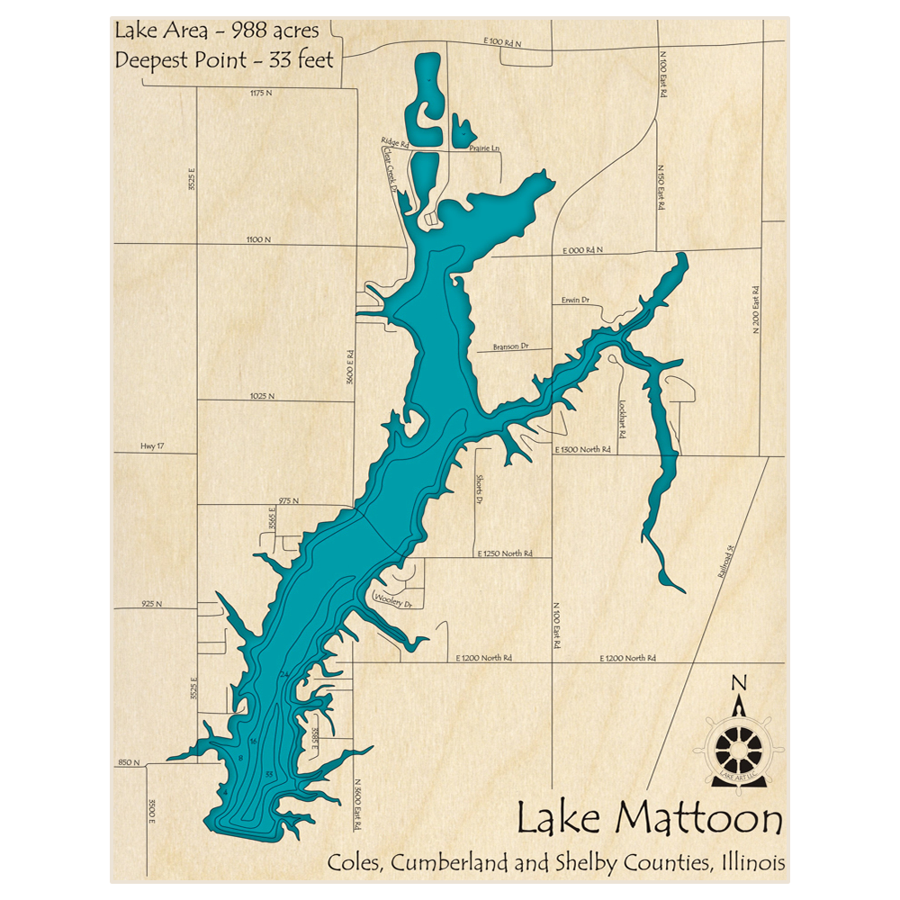 Bathymetric topo map of Lake Mattoon with roads, towns and depths noted in blue water