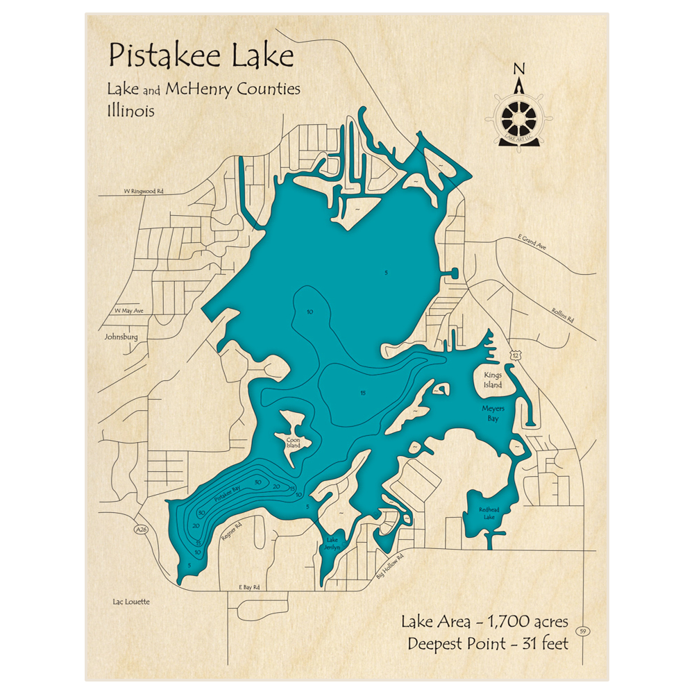 Bathymetric topo map of Pistakee Lake with roads, towns and depths noted in blue water