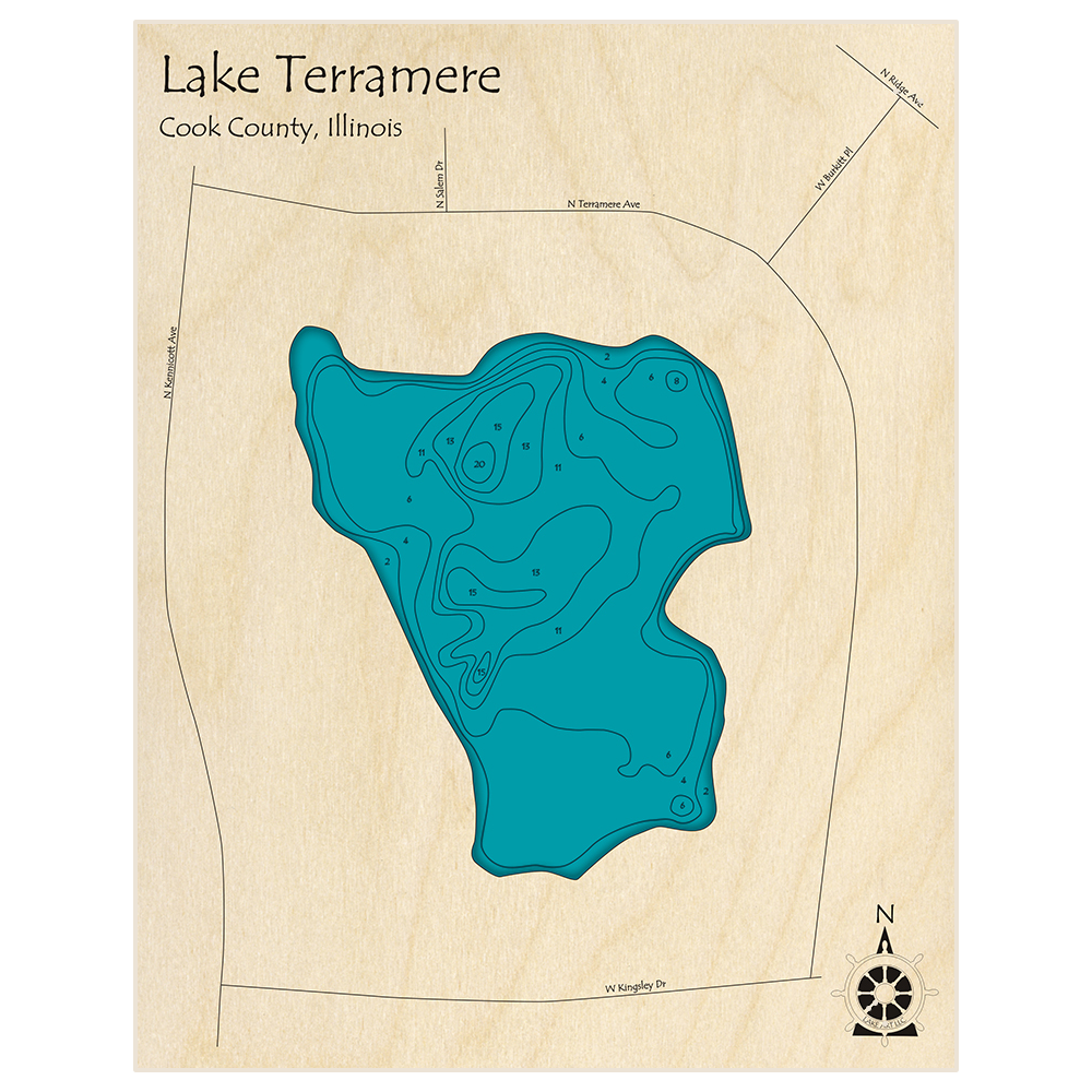 Bathymetric topo map of Lake Terramere with roads, towns and depths noted in blue water