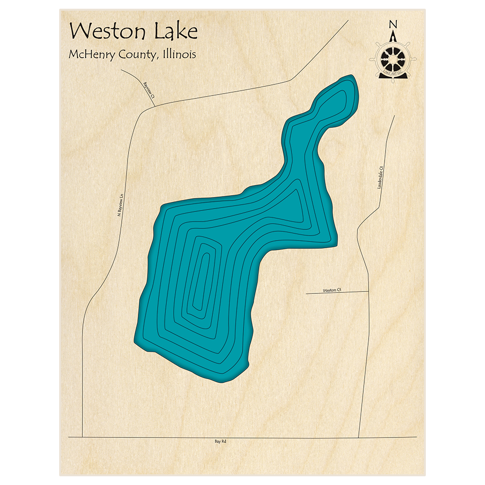 Bathymetric topo map of Weston Lake with roads, towns and depths noted in blue water