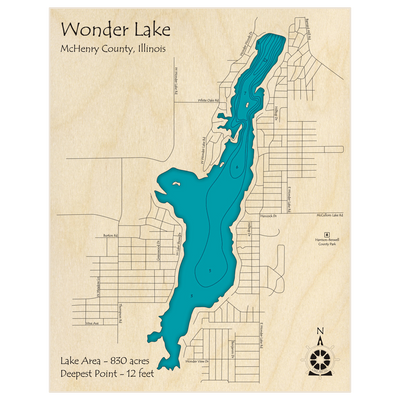 Bathymetric topo map of Wonder Lake with roads, towns and depths noted in blue water