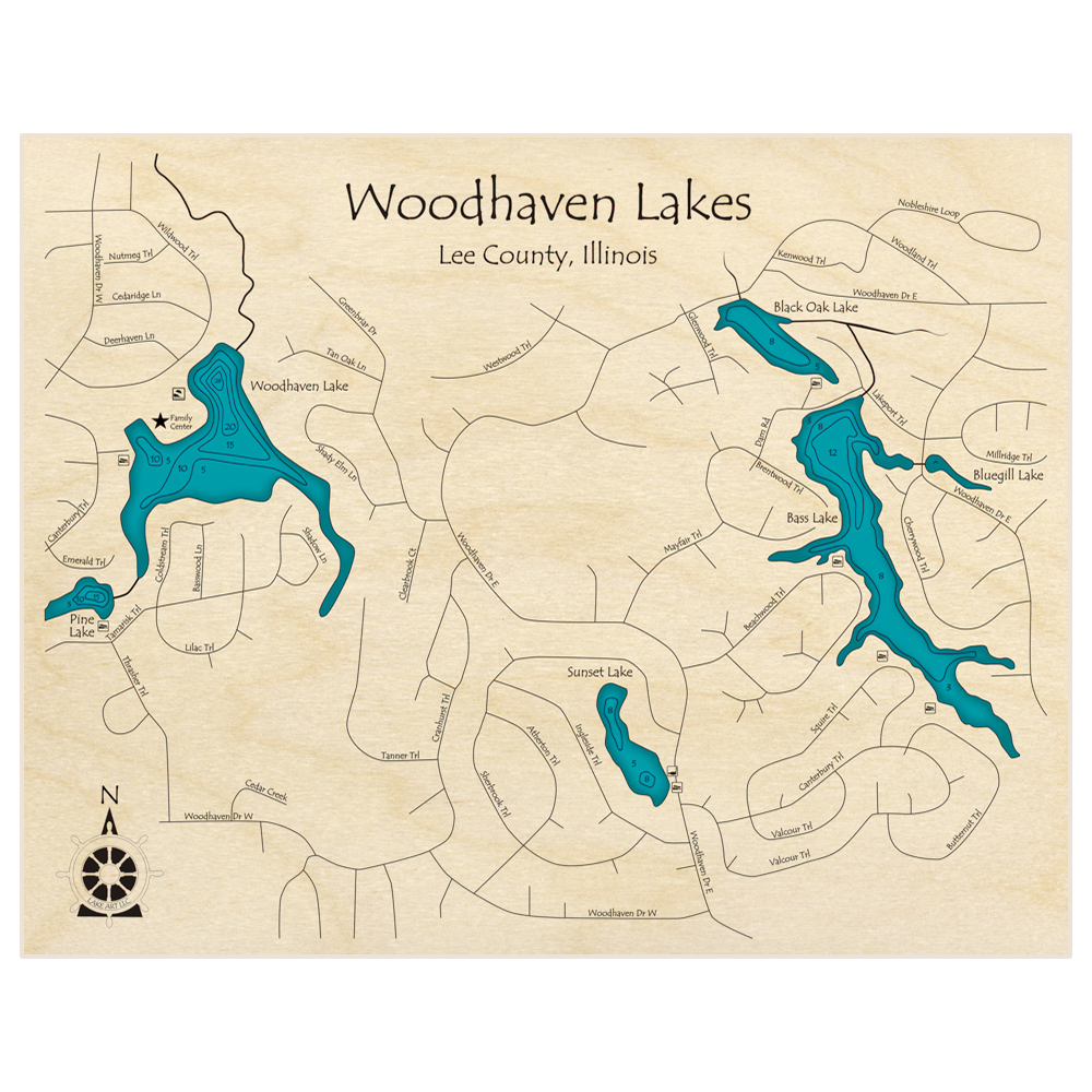Bathymetric topo map of Woodhaven Lakes with roads, towns and depths noted in blue water