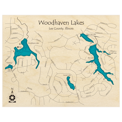 Bathymetric topo map of Woodhaven Lakes with roads, towns and depths noted in blue water