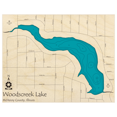 Bathymetric topo map of Woodscreek Lake with roads, towns and depths noted in blue water