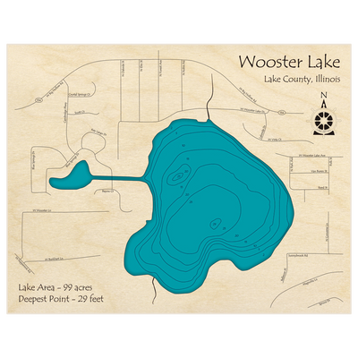 Bathymetric topo map of Wooster Lake with roads, towns and depths noted in blue water