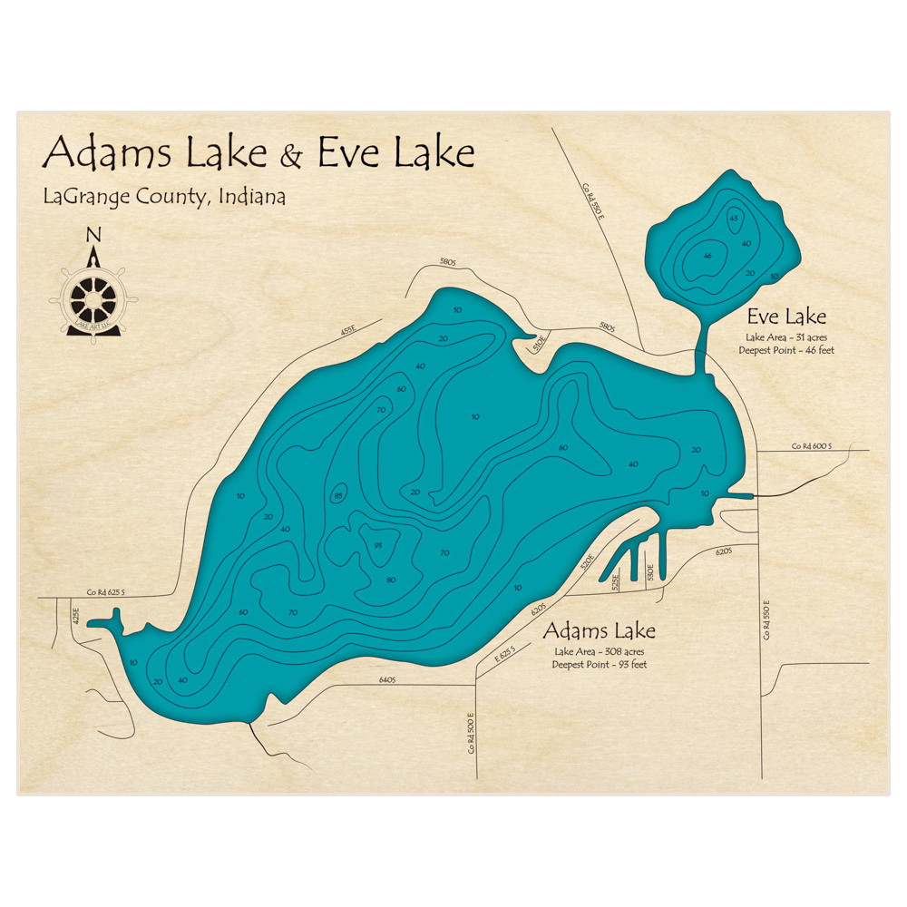 Bathymetric topo map of Adams Lake (With Eve Lake) with roads, towns and depths noted in blue water