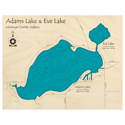 Bathymetric topo map of Adams Lake (With Eve Lake) with roads, towns and depths noted in blue water