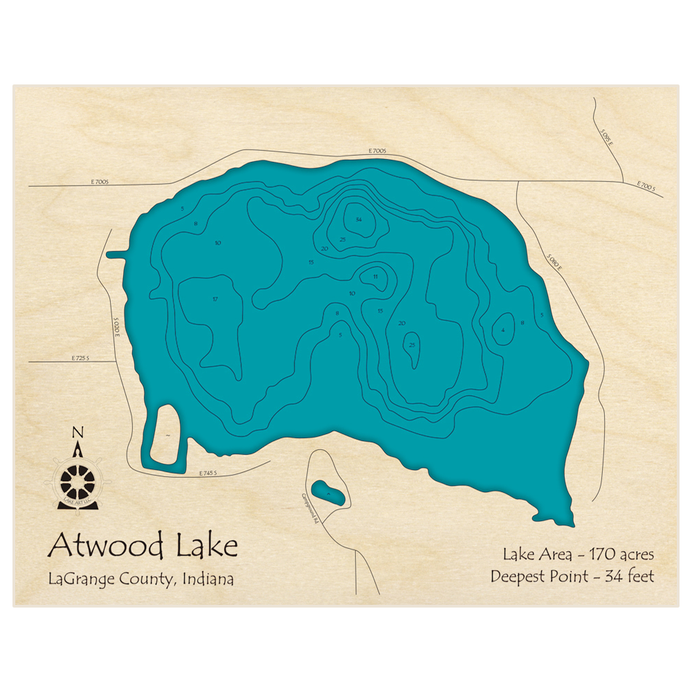 Bathymetric topo map of Atwood Lake with roads, towns and depths noted in blue water