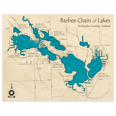 Bathymetric topo map of Barbee Chain of Lakes with roads, towns and depths noted in blue water