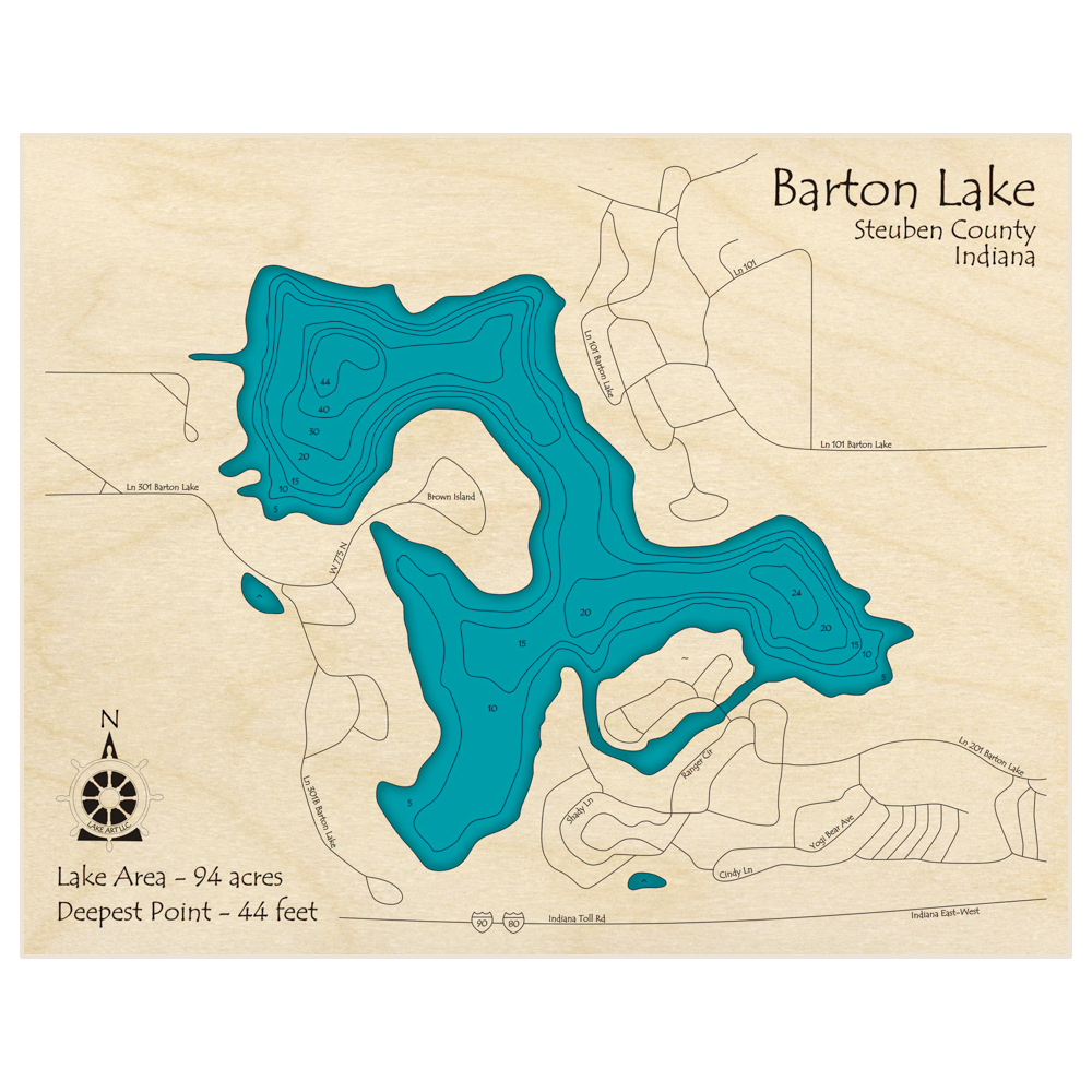 Bathymetric topo map of Barton Lake with roads, towns and depths noted in blue water