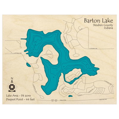 Bathymetric topo map of Barton Lake with roads, towns and depths noted in blue water