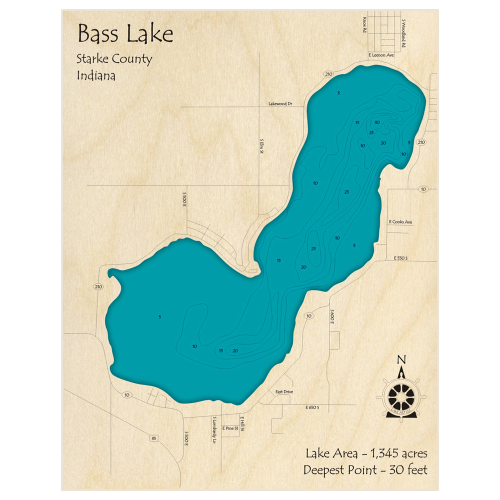 Bathymetric topo map of Bass Lake with roads, towns and depths noted in blue water