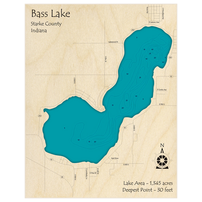 Bathymetric topo map of Bass Lake with roads, towns and depths noted in blue water