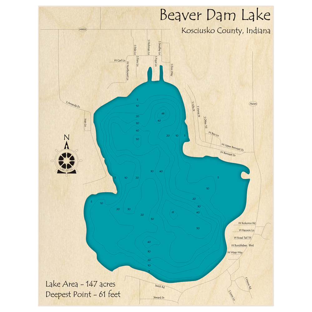 Bathymetric topo map of Beaver Dam Lake with roads, towns and depths noted in blue water