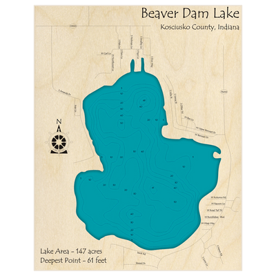Bathymetric topo map of Beaver Dam Lake with roads, towns and depths noted in blue water