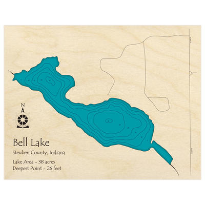 Bathymetric topo map of Bell Lake with roads, towns and depths noted in blue water