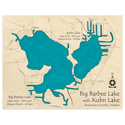 Bathymetric topo map of Big Barbee Lake and Kuhn Lake with roads, towns and depths noted in blue water