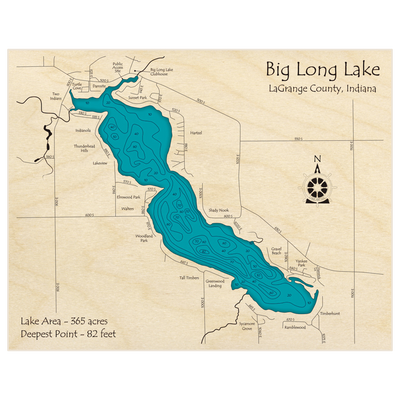 Bathymetric topo map of Big Long Lake with roads, towns and depths noted in blue water
