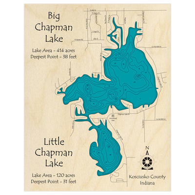 Bathymetric topo map of Big and Little Chapman Lakes with roads, towns and depths noted in blue water