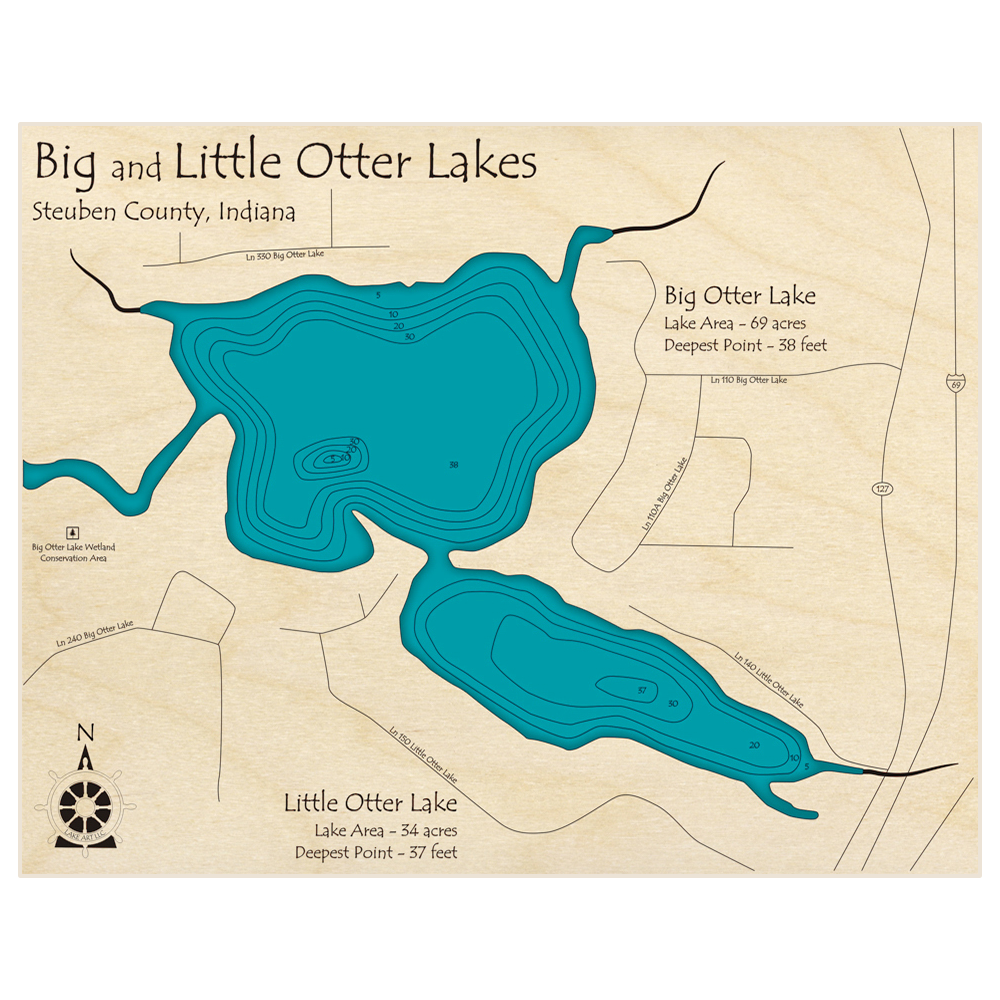 Bathymetric topo map of Big and Little Otter Lake with roads, towns and depths noted in blue water