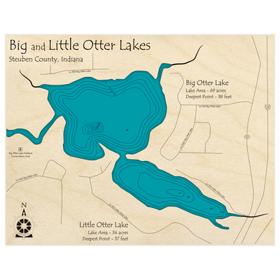 Bathymetric topo map of Big and Little Otter Lake with roads, towns and depths noted in blue water
