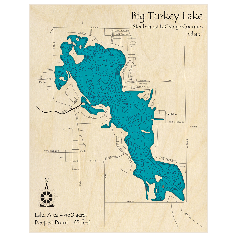 Bathymetric topo map of Big Turkey Lake with roads, towns and depths noted in blue water