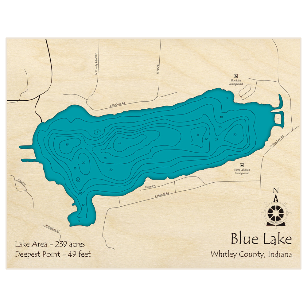 Bathymetric topo map of Blue Lake with roads, towns and depths noted in blue water