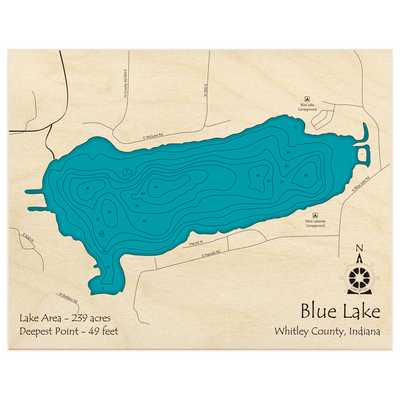 Bathymetric topo map of Blue Lake with roads, towns and depths noted in blue water