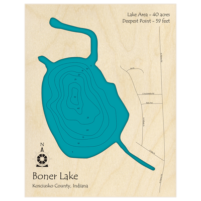 Bathymetric topo map of Boner Lake with roads, towns and depths noted in blue water