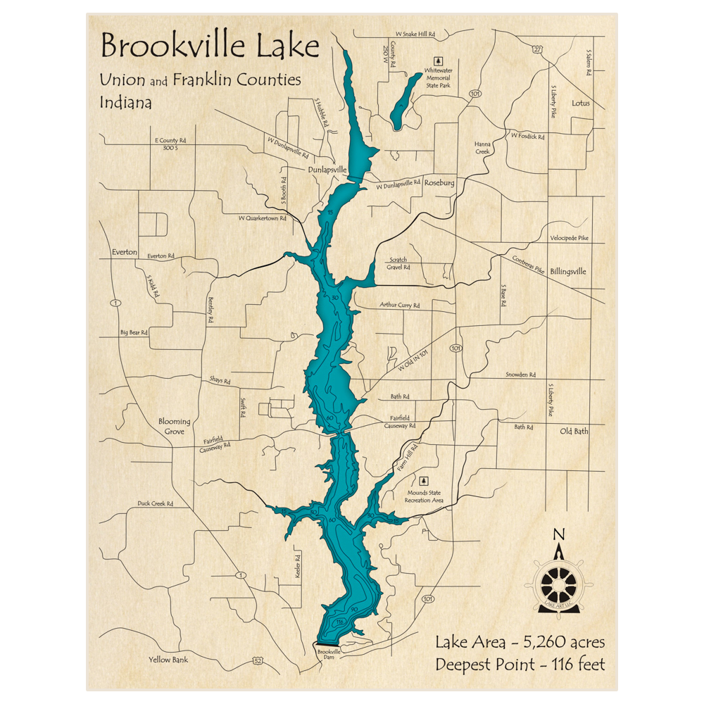 Bathymetric topo map of Brookville Lake with roads, towns and depths noted in blue water