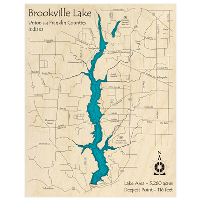 Bathymetric topo map of Brookville Lake with roads, towns and depths noted in blue water