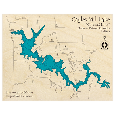 Bathymetric topo map of Cagles Mill Lake (Cataract Lake) with roads, towns and depths noted in blue water