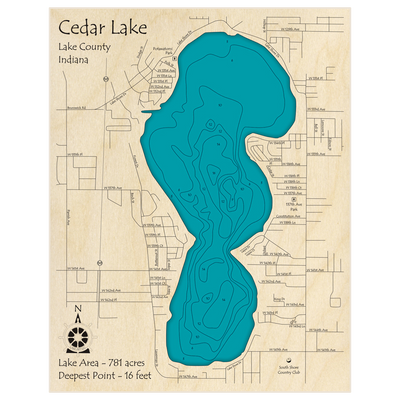 Bathymetric topo map of Cedar Lake with roads, towns and depths noted in blue water