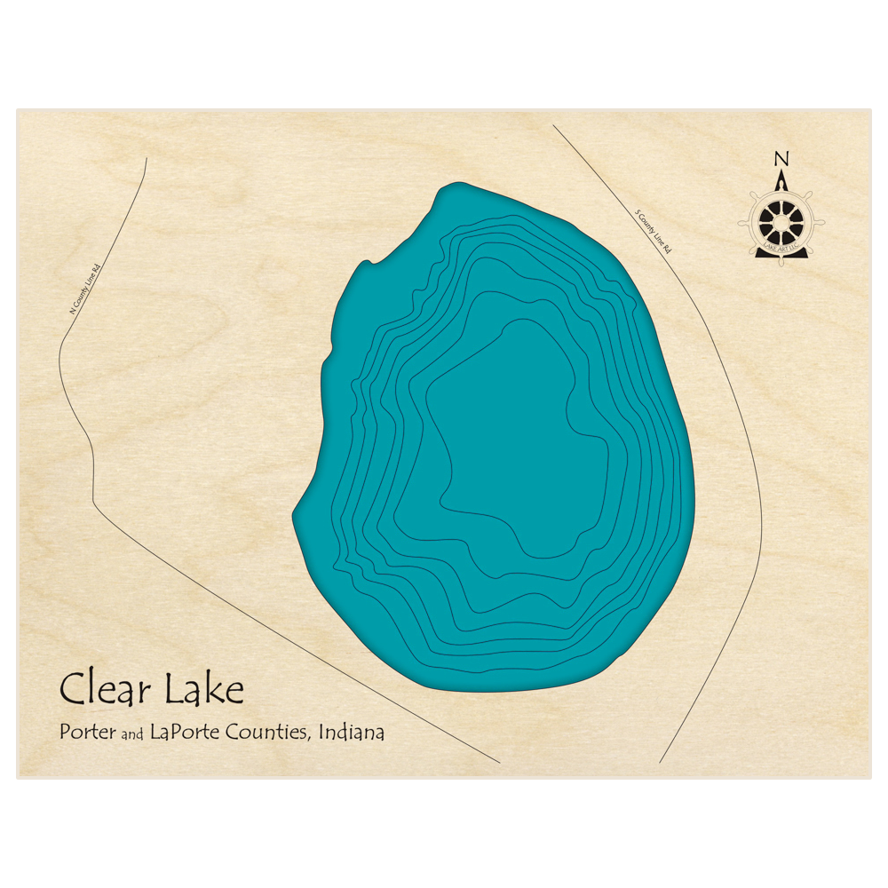 Bathymetric topo map of Clear Lake  with roads, towns and depths noted in blue water