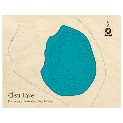 Bathymetric topo map of Clear Lake  with roads, towns and depths noted in blue water
