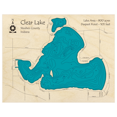 Bathymetric topo map of Clear Lake (and Round Lake) with roads, towns and depths noted in blue water