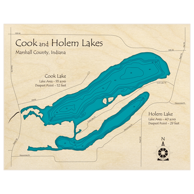 Bathymetric topo map of Cook and Holem Lakes with roads, towns and depths noted in blue water