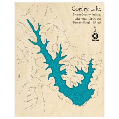 Bathymetric topo map of Cordry Lake with roads, towns and depths noted in blue water