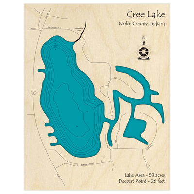 Bathymetric topo map of Cree Lake with roads, towns and depths noted in blue water