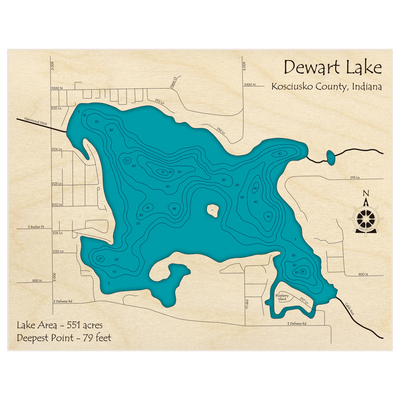 Bathymetric topo map of Dewart Lake with roads, towns and depths noted in blue water