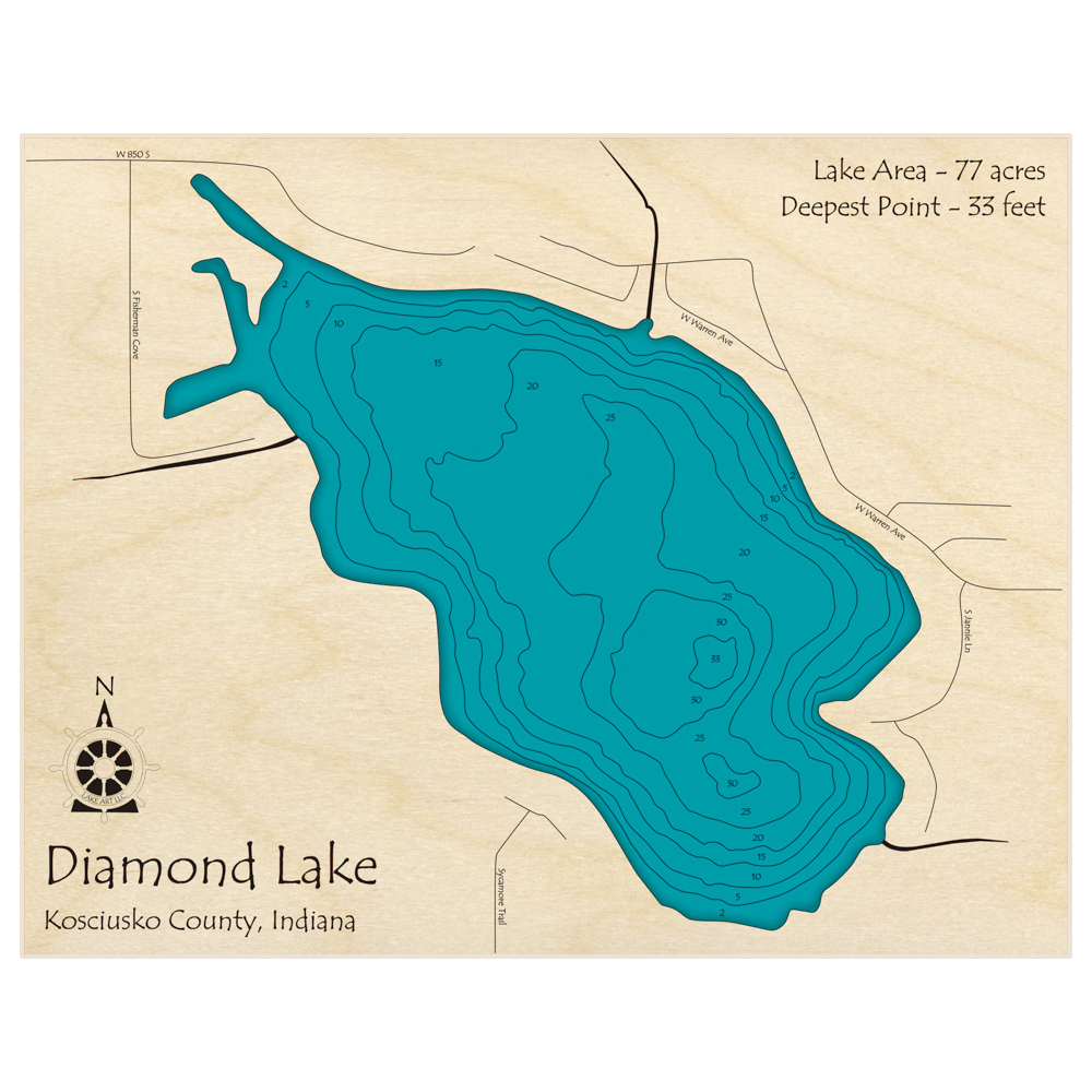 Bathymetric topo map of Diamond Lake with roads, towns and depths noted in blue water