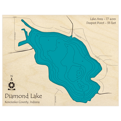 Bathymetric topo map of Diamond Lake with roads, towns and depths noted in blue water