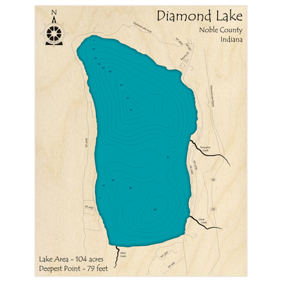 Bathymetric topo map of Diamond Lake with roads, towns and depths noted in blue water