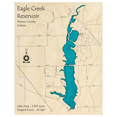 Bathymetric topo map of Eagle Creek Reservoir with roads, towns and depths noted in blue water