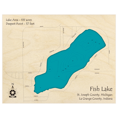 Bathymetric topo map of Fish Lake with roads, towns and depths noted in blue water